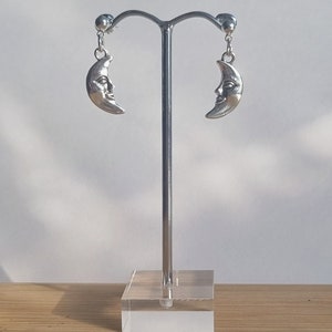 Moon Face Dangle Stud Earrings, Sterling Silver Celestial / Space Themed Jewellery Gifts, Handmade 925 Silver Statement Studded Earrings
