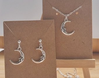 Crescent Moon Necklace And Earring Set, 1x Moon Necklace & 1 Pair Of Stud Dangle Earrings. Sterling Silver Jewellery Mothers Day Gifts