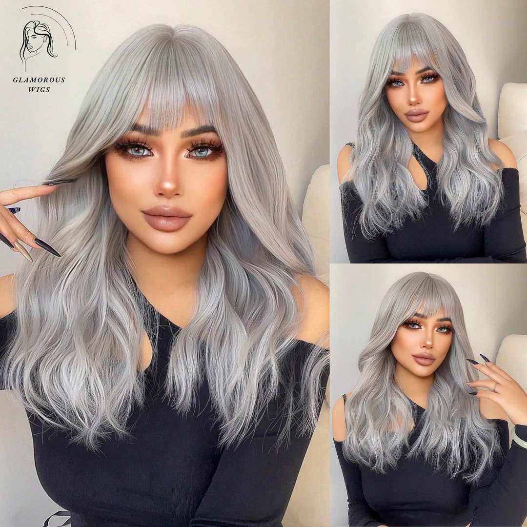 Long Wavy Synthetic Gray Wig With Bangs Natural Gray Long Etsy