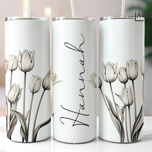 Add your own name, Black and White Tulips Tumbler Template, Png Sublimation 20 oz Skinny Tumbler, Seamless, PNG, High Quality PNG