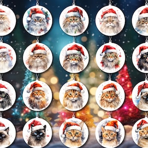140 Katze trägt Nikolausmütze, Weihnachten Runde Ornament Bundle PNG Sublimationsvorlage, Untersetzer PNG, FotoMemorial Weihnachten Ornament Designs