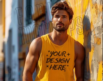 Bella Canvas 3480-tanktopmodel – gouden tanktopmodel – zomermodel – mannelijk model – herenmodel BC3480 – HD Lifestyle-model