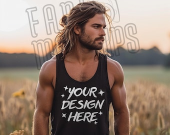Zwarte Bella Canvas 3480-tanktopmodel - Bella Canvas-mock-ups - zwarte tanktopmodel - mannelijk model - 3480-shirt heren - natuurmodel
