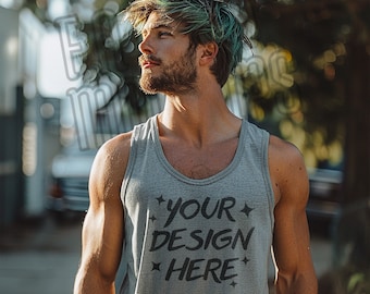 Mockup atletische gemêleerde tanktop: Bella Canvas 3480, mannelijk model (PNG)