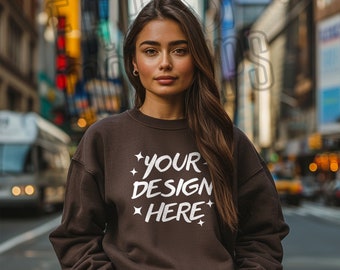 Gildan 18000 Chocolate Brown Sweatshirt Mockup: Female Model (PNG Digital Download)