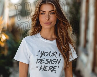 Bella Canvas 3001 Mockup - White Bella Canvas Mock Ups - T-Shirt Mocks - Female Model - Woman 3001 T-shirt Mockup - Lifestyle Mockup