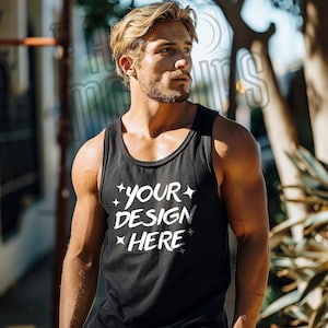 Black Bella Canvas 3480 Tank Top Mockup - Sommer MockUps - Schwarzes Tank Top Mockup - Männliches Modell - Mens Best BC3480 - Lifestyle Mockup