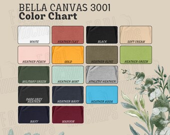 Bella Canvas 3001 Color Chart - BC3001 - Bella Canvas Mockups - Modern Colour Chart - Print on Demand - Solid Colors - Heather Shirt Color