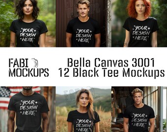 Mockupbundel Bella Canvas 3001 zwart T-shirt – lifestyle-modellen (digitale download)