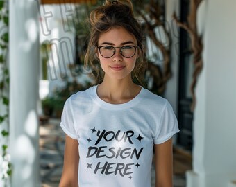 Bella Canvas 3001 Mockup - White Bella Canvas Mock Ups - T-Shirt Mocks - Female Model - Woman 3001 T-shirt Mockup - Lifestyle Mockup