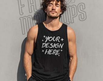 Black Bella Canvas 3480-tanktopmodel - zomermodellen - zwarte tanktopmodel - mannelijk model - beste heren BC3480 - lifestyle-model