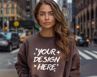 Gildan 18000 Chocolate Brown Sweatshirt Mockup: Female Model (PNG Digital Download)