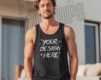 Black Bella Canvas 3480-tanktopmodel: mannelijk model (digitale png-download: 4096 x 4096 px)