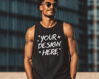 Black Bella Canvas 3480-tanktopmodel: mannelijk model (digitale png-download: 4096 x 4096 pixels)