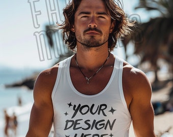 Bella Canvas 3480 White Mockup - Summer Mocks - White Tank Top Mockup - Male Model - Tanktop 3480 Mockups - Lifestyle Mockup