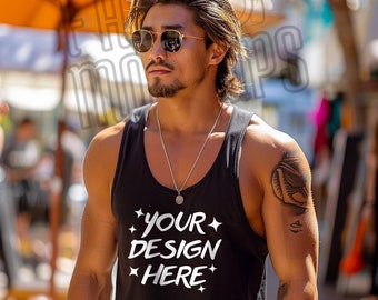Mockup Bella Canvas 3480 zwart - mockup Bella Canvas - mockup zwarte tanktop - mannelijk model - shirt 3480 heren - mock-up van volgend niveau