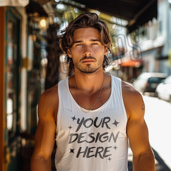 Bella Canvas 3480 Tank Top Mockup - White Tank Top Mockup - Male Model Mock - White BC3480 Mockup - Hot Summer Photography