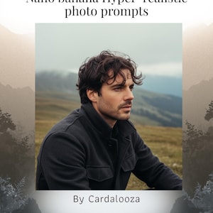 Op de afbeelding: Een man in een donkergrijze jas zit buiten, met een vage berglandschap op de achtergrond. De afbeelding bevat de tekst "Nano banana Hyper-realistic photo prompts" en "By Cardalooza".