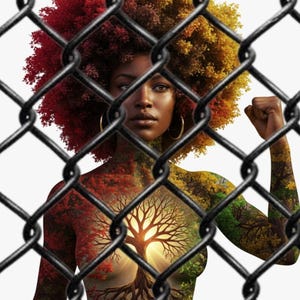 May include: An artistic image of a person with a vibrant afro, framed by a chain-link fence. The person's body is adorned with a tree and forest design, with autumn colors. The person is wearing gold hoop earrings and has a raised fist.
