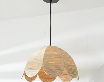 Natural Raffia Petal Ceiling Light | Tropical Wicker Pendant Lights | Modern Floral Dome Drop Ceiling Lights for Bedrooms and Living Rooms