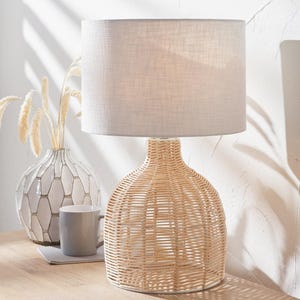 Natural Wicker Table Lamp With Shade | Boho Coastal Rattan Cloche Lamp For Living Room | Nordic Swedish Table Lamp With Cream Lampshade