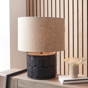 Rustic Embossed Black Mango Wood Table Lamp | Quirky Textured Wooden Lamp Base With Cream Hessian Lampshade