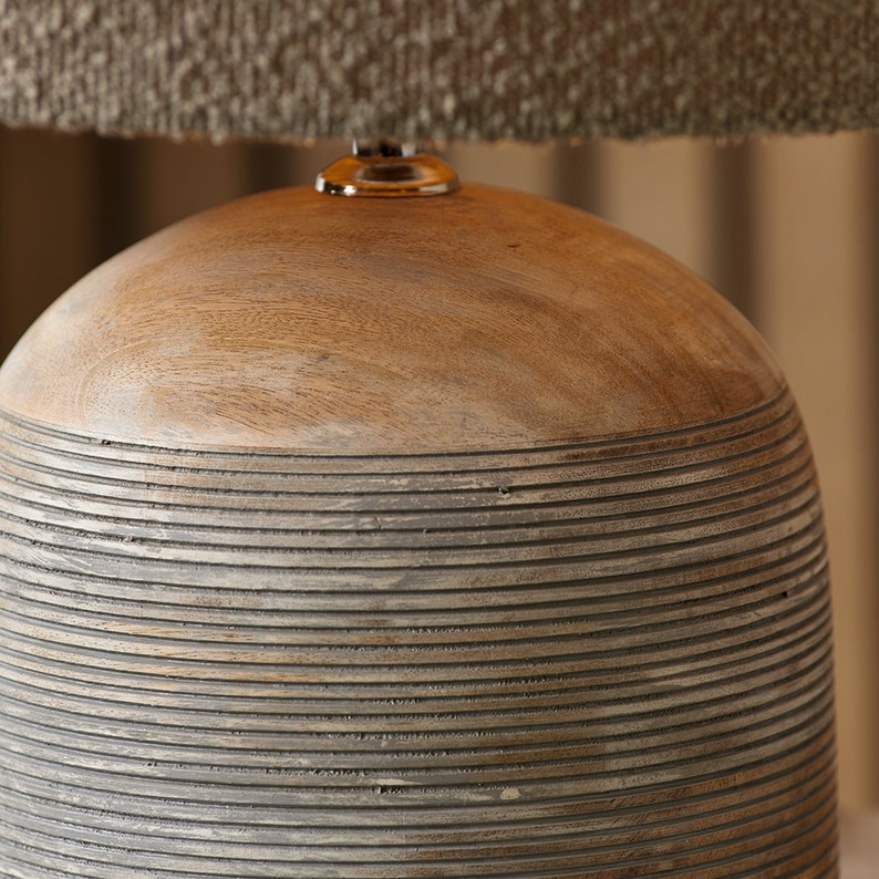 Hand Carved Mango Wood Table Lamp With Taupe Boucle Shade Boho Grey