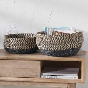 Seagrass Natural and Black Round Baskets | Set of 2 Boho Storage Baskets Home Decor