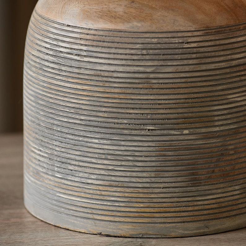 Hand Carved Mango Wood Table Lamp With Taupe Boucle Shade Boho Grey