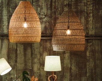 Natural Woven Cloche Pendant | Tropical Wicker Ceiling Lights | Modern Dome Pendant Drop Ceiling Lights for Bedrooms and Living Rooms