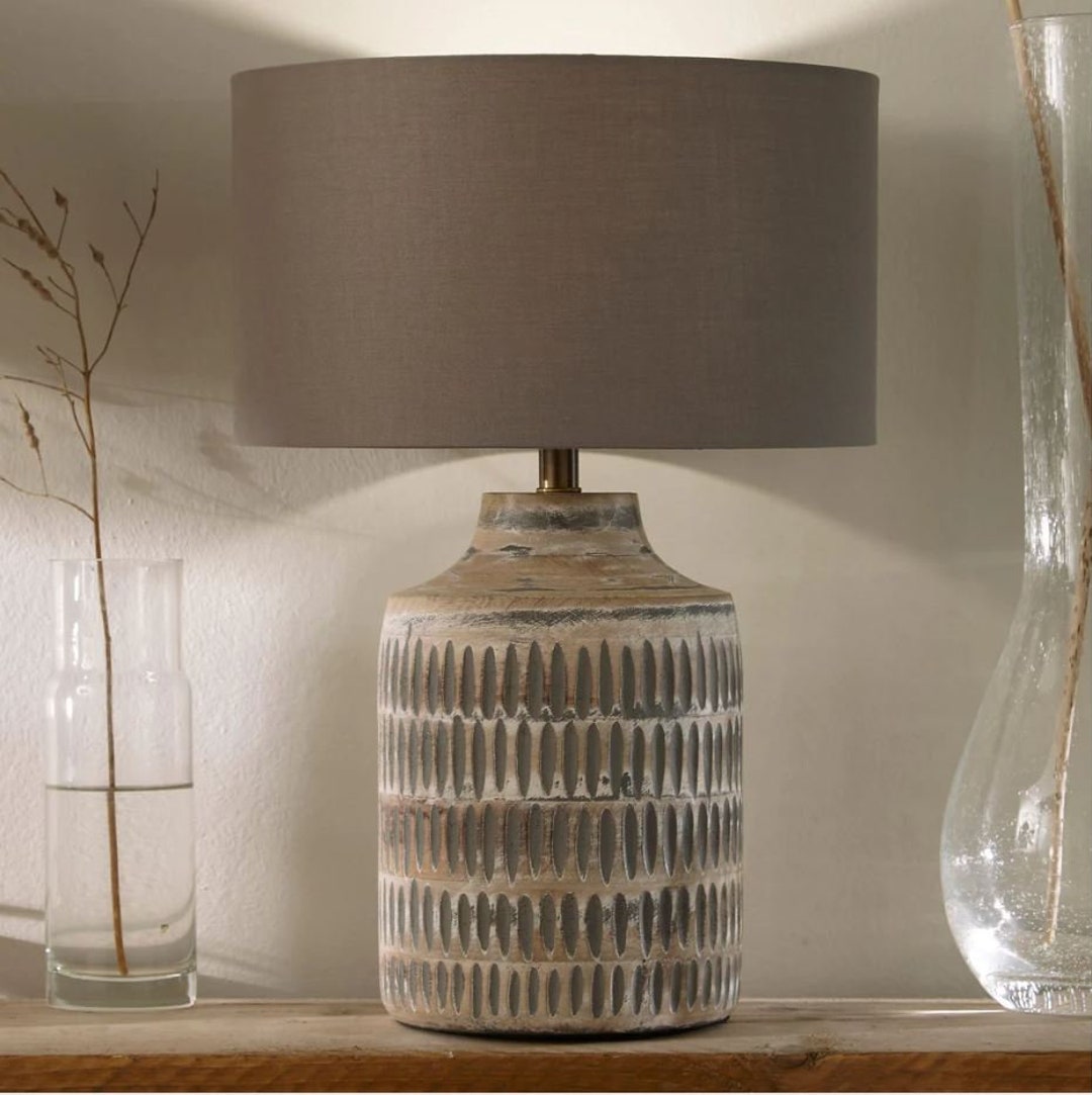 Handcrafted Mango Wood Table Lamp Coastal Grey Wash Wood Textured Table Lamp Farmhouse Rustic ...
