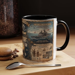 May include: A white ceramic mug with a black interior and handle, featuring a detailed graphic print. The design includes technical illustrations of a navy ship labeled Aegis Combat System and a section titled Census Bureau: Counting a Nation.