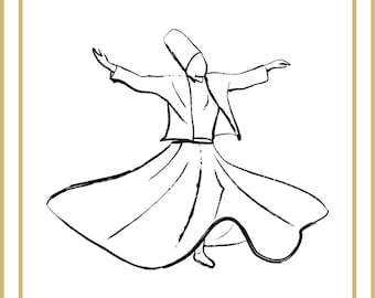 May include: A black and white line drawing of a person in a long robe and a tall hat, spinning with their arms outstretched.