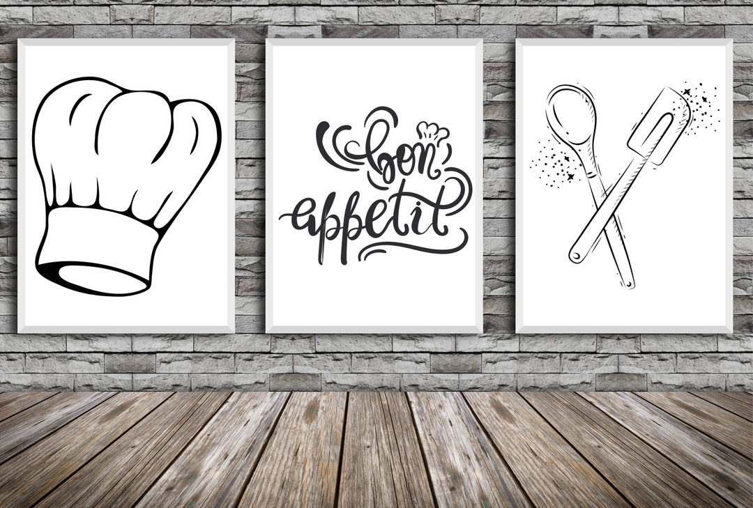 Kitchen Chef Decor, Kitchen Chef Wall Art, Set of 3, Kitchen Bon