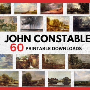 May include: A collage of 60 printable downloads of paintings by John Constable. The paintings feature landscapes with trees, rivers, and clouds. The text "JOHN CONSTABLE 60 PRINTABLE DOWNLOADS" is in the center of the collage.