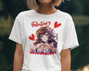 以下が含まれることがあります： 白地に赤いハートと「Happy Valentine's Day」の文字がプリントされたTシャツ。長い茶色の髪をしたアニメキャラクターがピンクと白のドレスを着て、手でハートの形を作っているカラフルなイラストが描かれている。