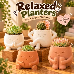 3D Printed Relaxed Planters – Whimsical Succulent Pots, Desk Decor (Set of 4)