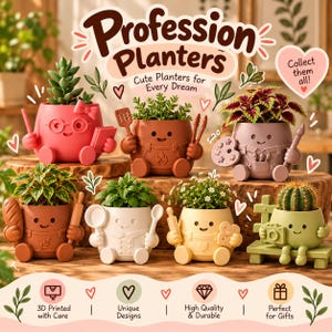 May include: A collection of seven colourful, character-shaped planters featuring various professions, including a teacher, chef, artist, baker, and photographer. Each planter holds a small plant and displays tools related to its specific role.