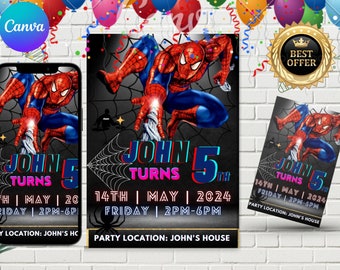 Plantilla editable de invitación de cumpleaños de Spiderman (descarga digital)