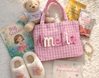 Big Sister Tote Bag, Personalized Gingham Name Bag, New Sibling Gift, Hospital Busy Bag for Toddler Girl