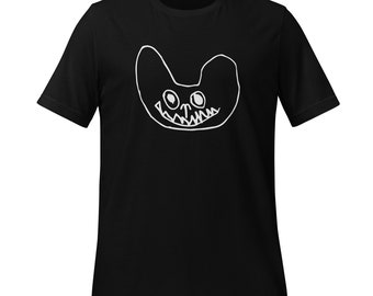 May include: Black t-shirt with a white graphic of a cartoon monster with a toothy grin.