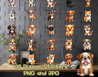 May include: A set of 30 colorful puppy stickers featuring various breeds, including a bulldog, pug, chihuahua, and corgi. The stickers are perfect for adding a playful touch to laptops, water bottles, or journals.