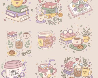 Books and Coffee Clipart, Bookish Girlie, Cozy Reader Art (Canva Digital Download)
