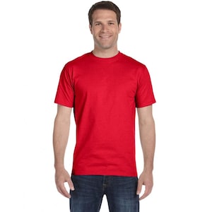 May include: A red short-sleeved t-shirt with a crew neck.