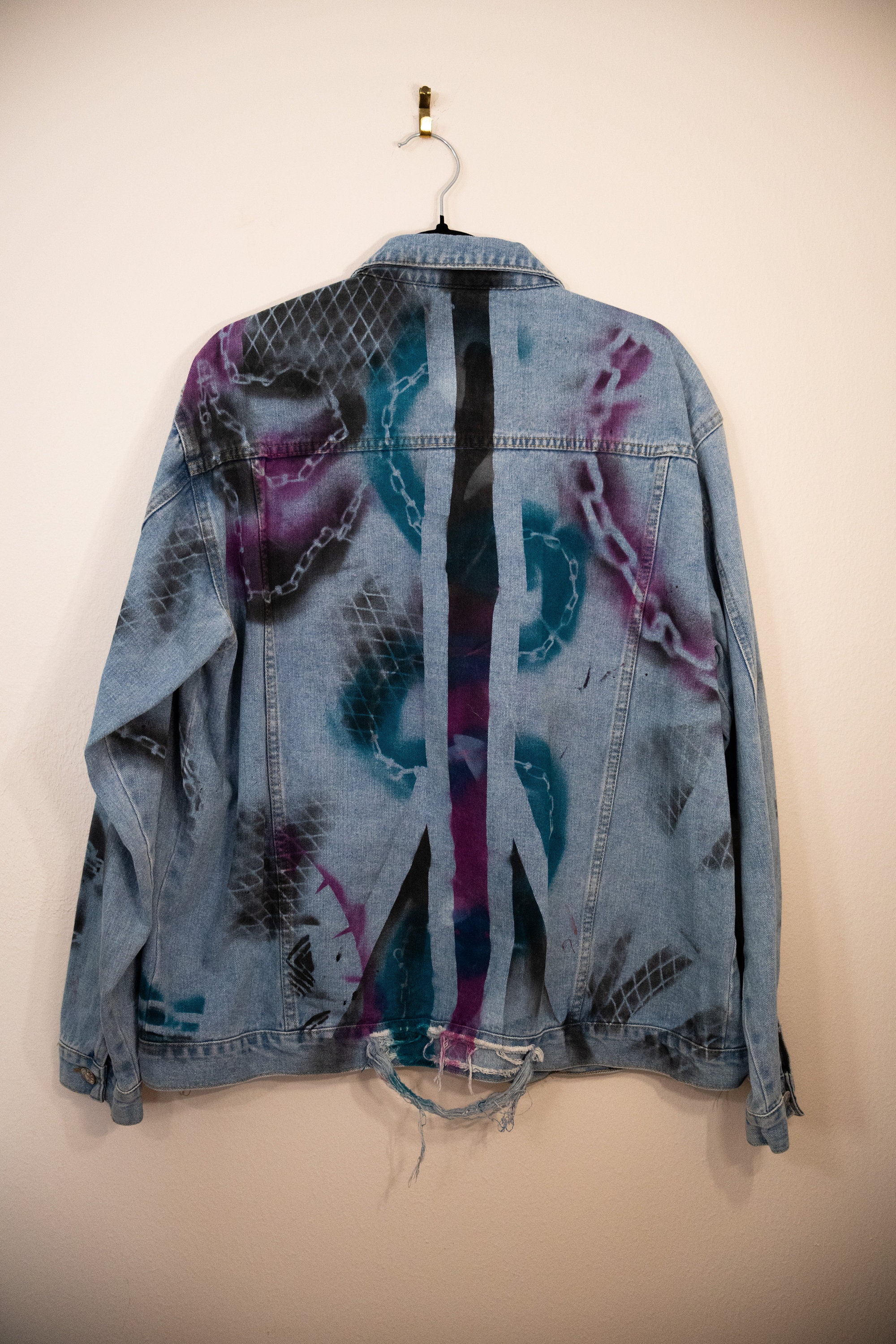 Punk Chain Spraypaint Jacket, Metal, Trendy, Denim, Handmade