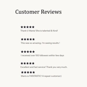Peut inclure: Image de commentaires clients avec des &eacute;valuations cinq &eacute;toiles et des commentaires positifs. Le texte comprend des phrases telles que "Thank U Marta! She is talented & Kind!" et "Excellent and fast service!" Le fond est beige clair.