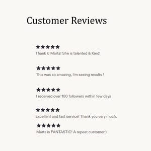 Puede incluir: Imagen de rese&ntilde;as de clientes con calificaciones de cinco estrellas y comentarios positivos. El texto incluye frases como "Thank U Marta! She is talented & Kind!" y "Excellent and fast service!" El fondo es de color beige claro.