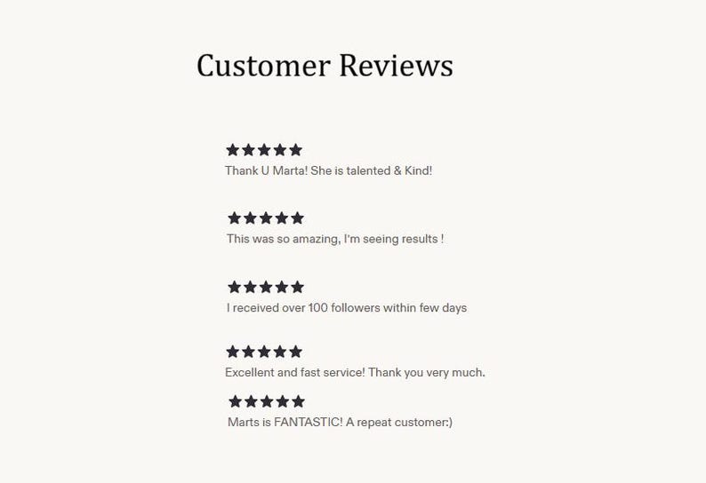Puede incluir: Imagen de rese&ntilde;as de clientes con calificaciones de cinco estrellas y comentarios positivos. El texto incluye frases como "Thank U Marta! She is talented & Kind!" y "Excellent and fast service!" El fondo es de color beige claro.
