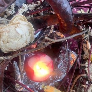 May include: A lit red candle with a yellow flame, surrounded by dried branches, seed pods, and a cream-colored flower. The background features a pink floral pattern and silver foil.