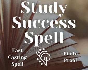 May include: An open book with the words "Study Success Spell" in large white letters. Below, the text reads "Fast Casting Spell" and "Photo Proof". A white symbol is in the center of the image.